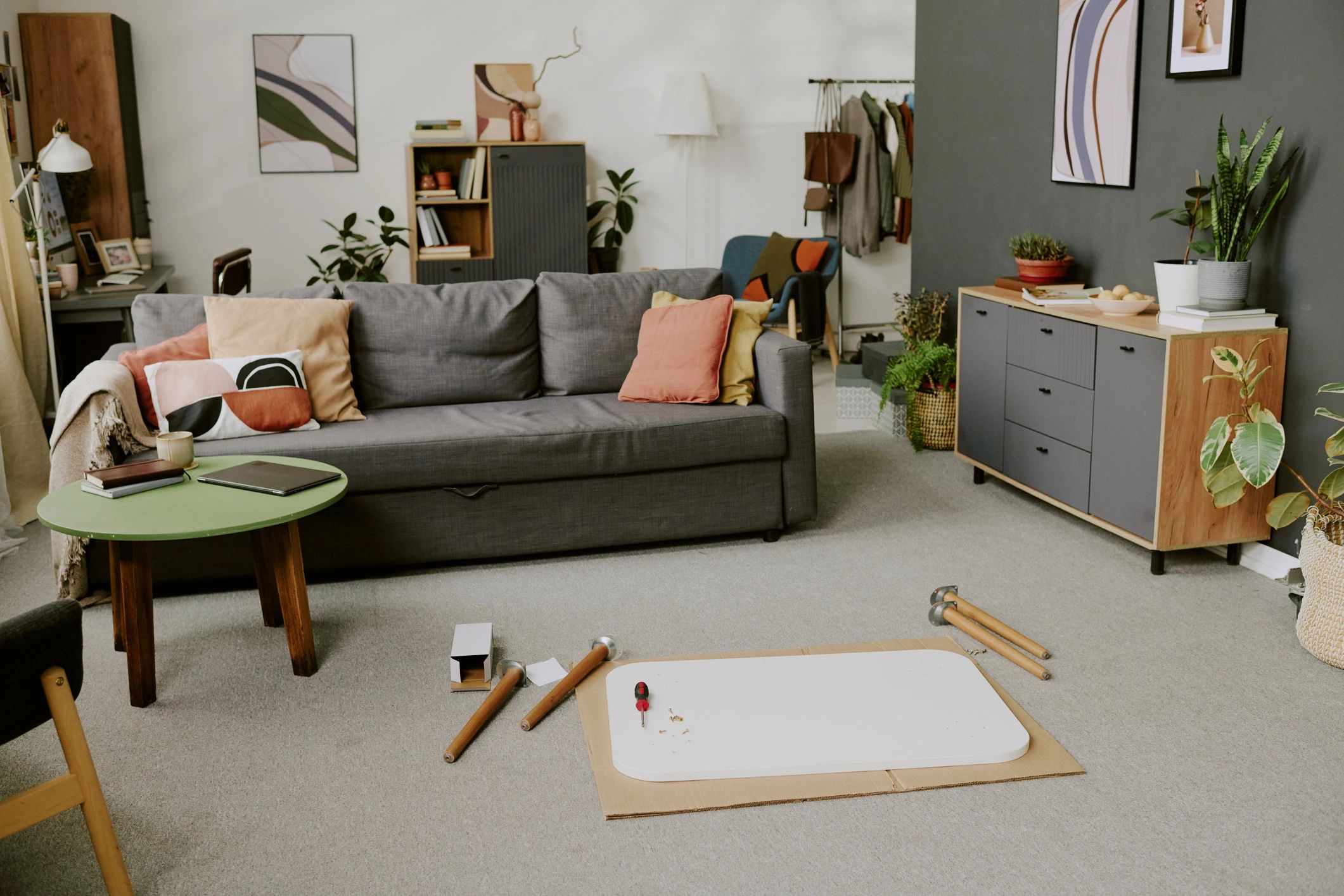 Interior design planning and furniture assembly in a modern living space